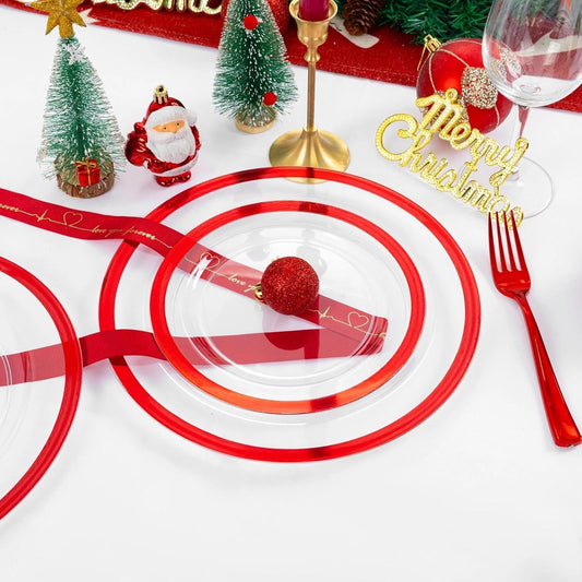 U-QE 200PCS Red Plastic Plates - Clear Red Plastic Plates Disposable Heavy Duty - Include 100 10" Dinner and 100 7" Dessert Platos for Party