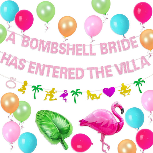A Bombshell Bride Has Entered The Villa Banner Palm Tree Ring Mylar Balloon for Love Island Themed Bachelorette Party Decorations