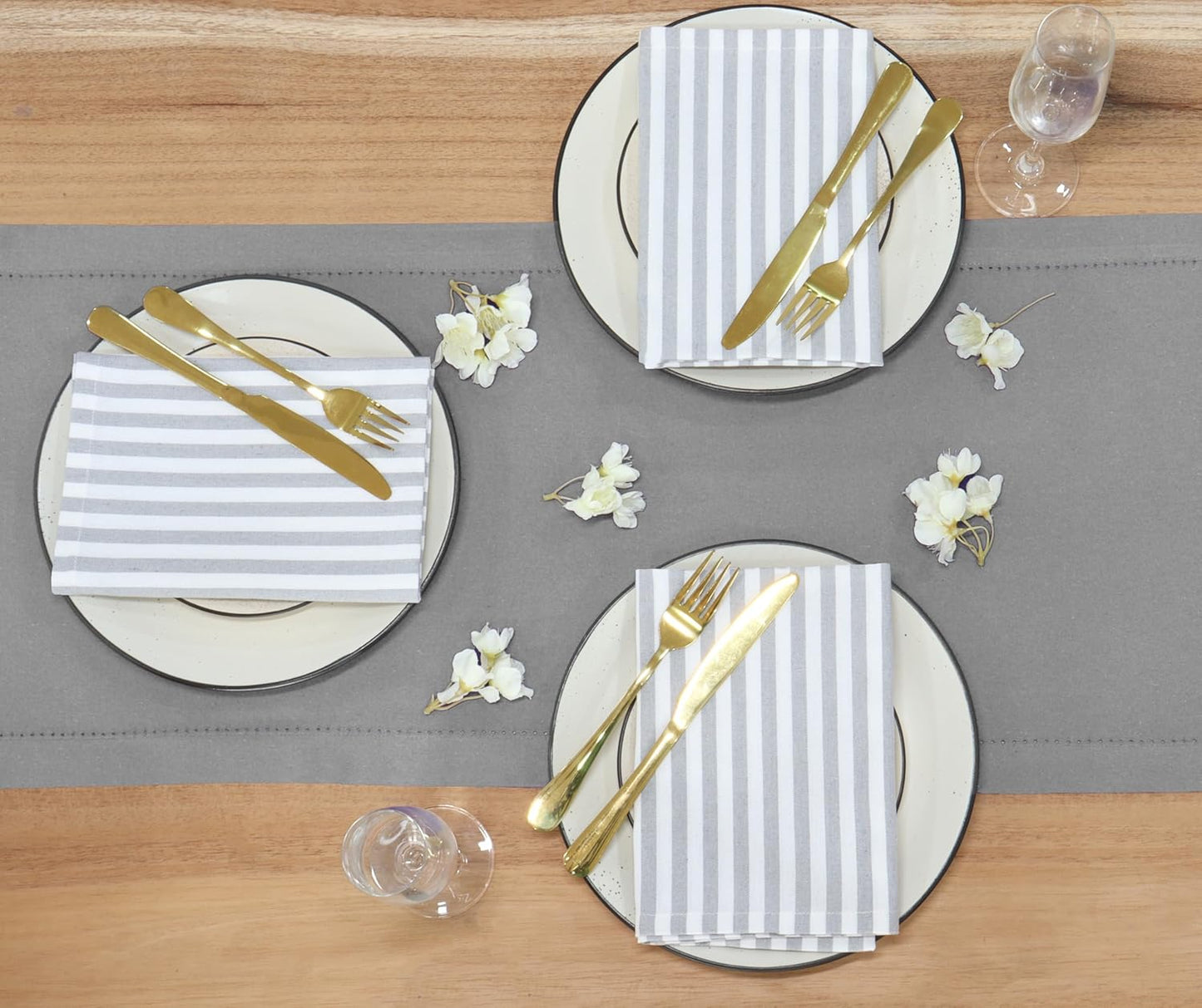 PurpleEssences Plain Striped Cloth Napkins - Set of 12-100% Cotton - 18 x 18 Inch - Fall Thanksgiving - Perfect Everyday Use Dinner Napkin - Gray and White
