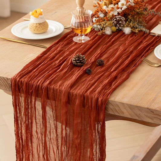 FEXIA Terracotta Cheesecloth Thanksgiving Table Runner 35x120 Inches Orange Red Rust Boho Gauze Christmas Table Runners Burnt for Wedding Decor Reception Bridal Shower Centerpiece