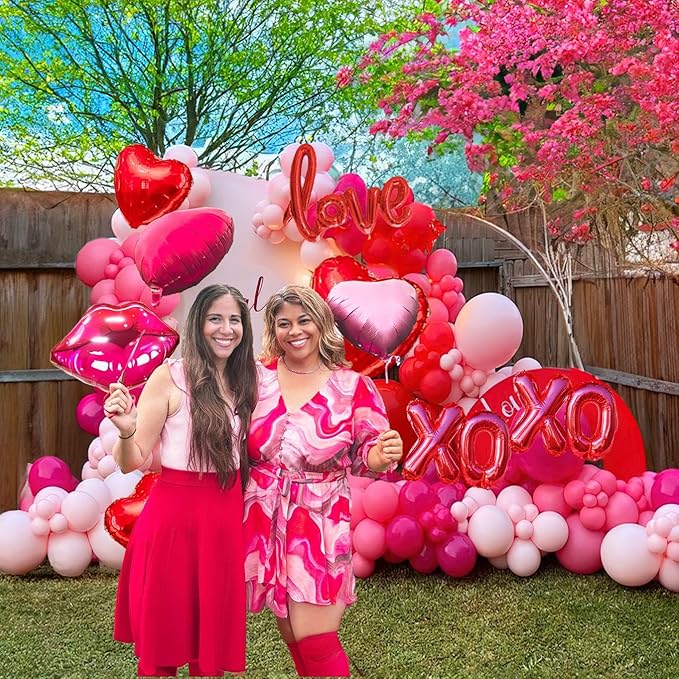 Red Pink balloon garland arch kit 125pcs with Bow and arrow XXOO lip heart shaped balloons for Girls Galentines Valentine's Day Wedding Bachelorette Engagement Anniversary Party decorations (Red Pink)