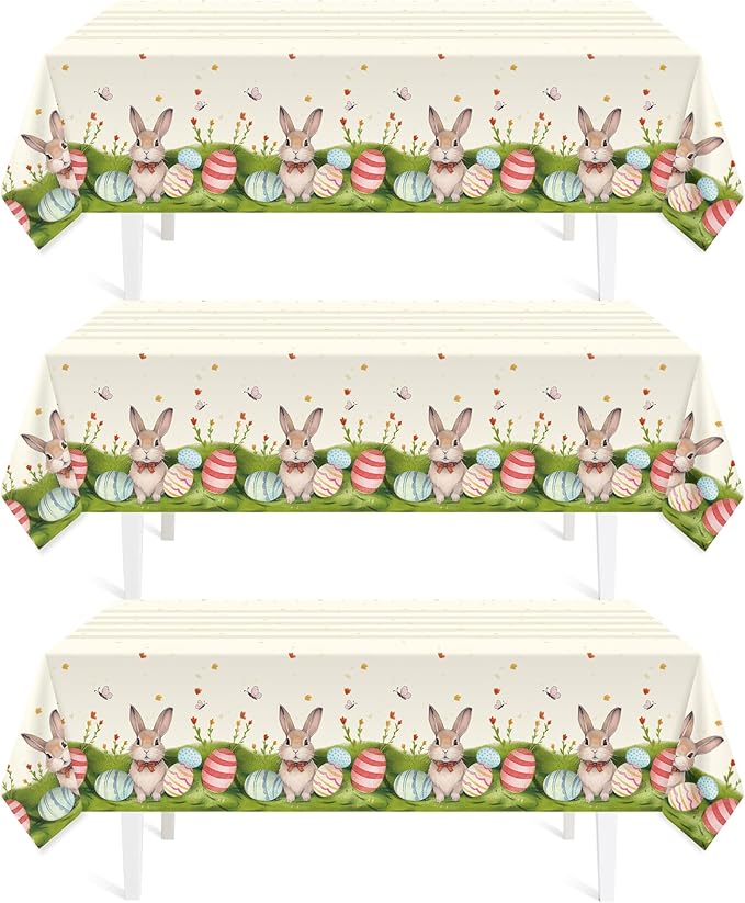 Childom 3 Pack Easter Decorations Easter Tablecloths Disposable Plastic Tablecloths 54"x108" Bunny Table Cloths Rectangle Tables for Party Supplies,Holiday Table Covers for Home Dinner Outdoor Picnic
