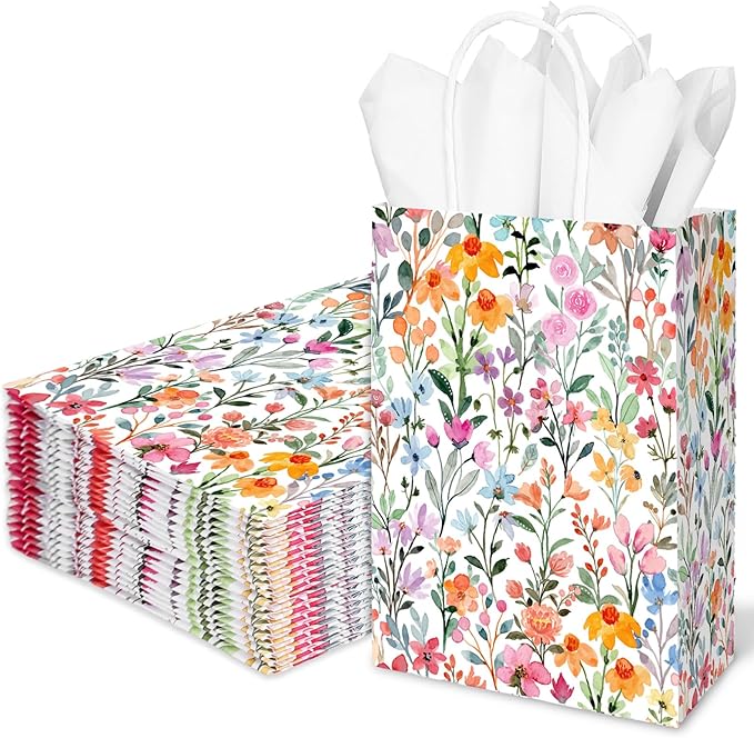 JarThenaAMCS 24Pcs Wildflower Paper Gift Bags Watercolor Floral Colorful Flower Party Favor Bags with Handle and 30 Sheets Tissue Paper for Wedding Birthday Baby Shower Wrapping