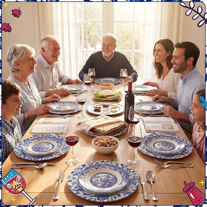 Yungyan 6 Pcs Passover Blue and White Porcelain Charger Plates 13 Inch Round Passover Blue White Porcelain Plastic Plates Large Charger Plate for Holiday Party Decorations Dinner Tableware Supplies