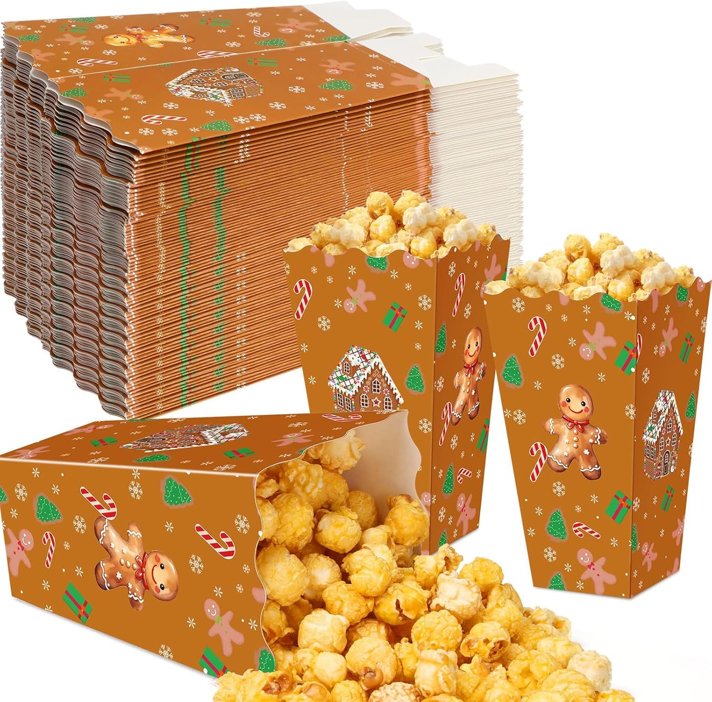 Faccito 50 Pcs Christmas Popcorn Boxes Brown Gingerbread Popcorn Boxes Christmas Paper Snow House Buckets Snack Containers Holiday Case for Xmas Party Gingerbread House Party Favors Supplies