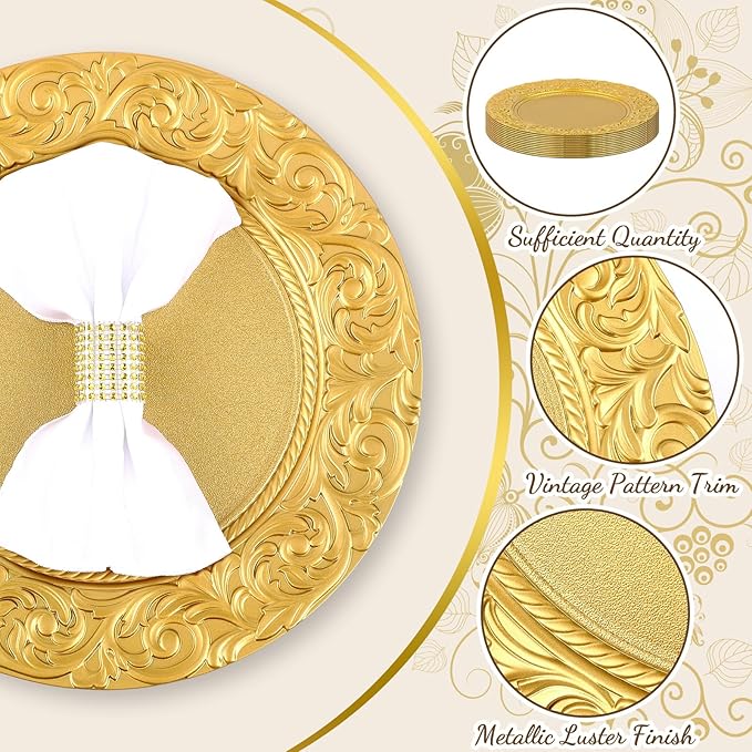 Uiifan 12 Pcs Antique Charger Plates Bulk 13'' Plastic Plate Chargers Decorative Embossed Rim Round Plates for Wedding Party Event Dinner Kitchen Table Setting Decoration (Gold)