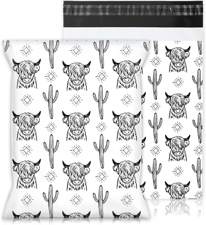 JarThenaAMCS 100Pcs Highland Cow Cactus Poly Mailers 10 x 13 Inch White Black Yak Packaging Bags Rustic Self Seal Mailing Envelope Bags for Small Business Clothing Document Gifts