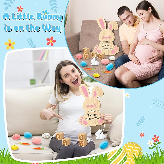 14Pcs Easter Pregnancy Announcement Set - Coming Soon Baby Announcement Props Ideas Include Easter Funny Bunny Shape Wooden Sign Wood Blocks Pregnancy Reveal Ideas for Grandparents Dad Husband Family