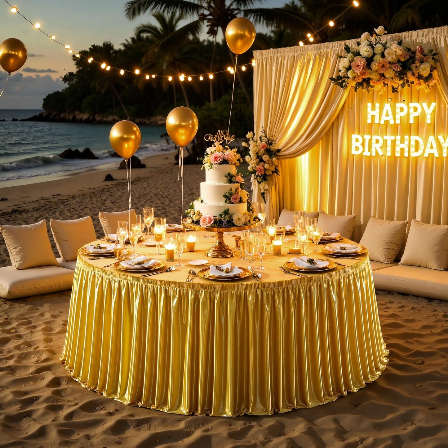 Wish Care 9ft Gold Satin Table Skirt for Rectangle Tables Wrinkle Free Glitter Desk Skirts Pleated Ruffle Table Cloth for Wedding Birthday Graduation Cocktail Party Buffet Display Table Decorations