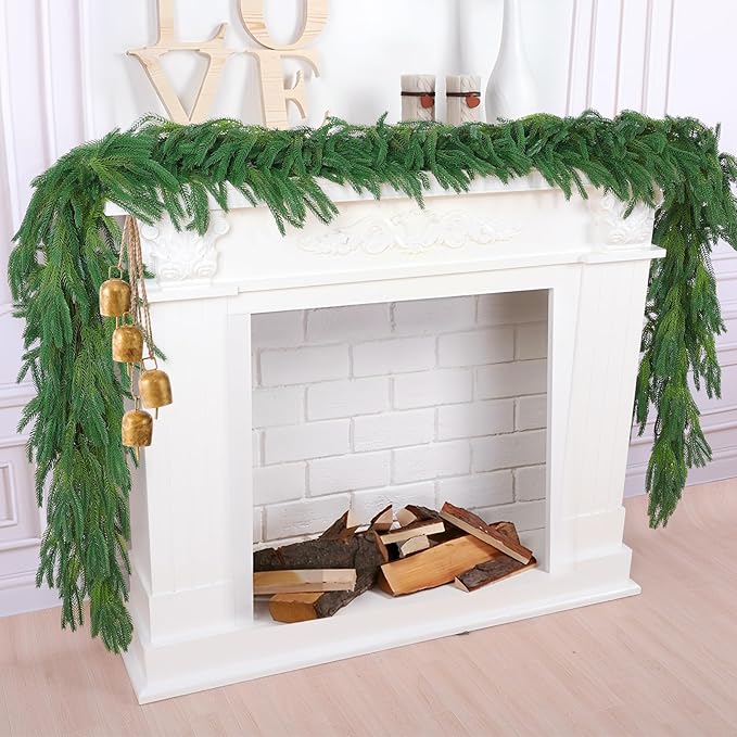 Hananona 2 Pcs 6 Ft Artificial Norfolk Pine Garlands, Realistic Pine Garland, Green Artificial Greenery Garland for Table, Mantle, Wall, Indoor, Outdoor Winter Christmas Decorations (2, 6 FT)