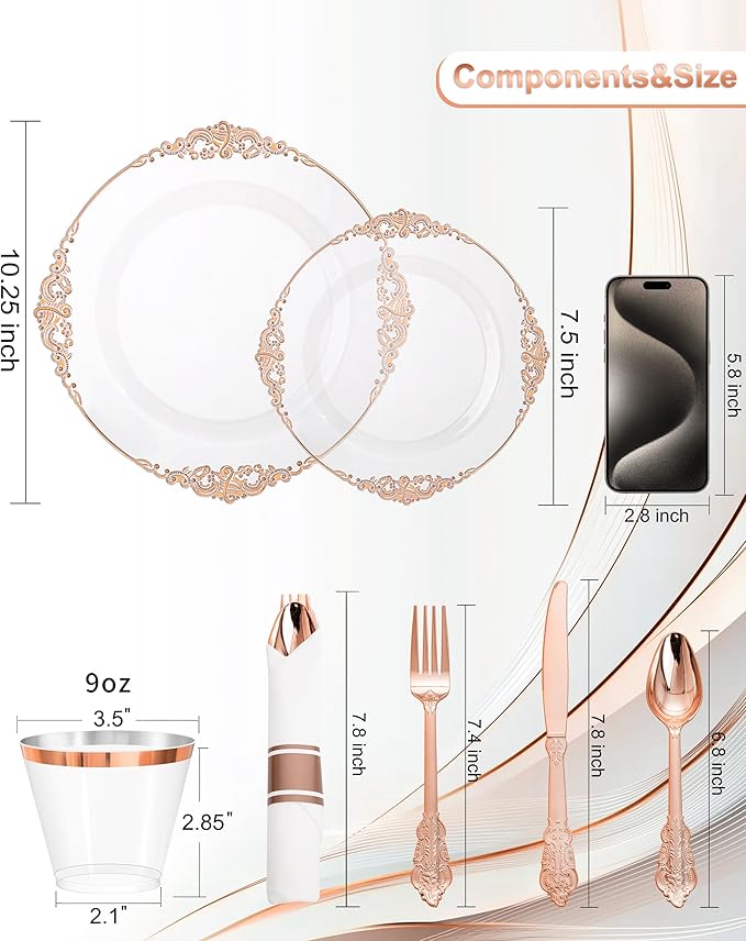 Nervure 175PCS Rose Gold Plastic Plates - Disposable Rose Gold Party Plates & Pre Rolled Napkins with Cutlery for 25 Guests, 50Plates, 75Silverware, 25Cups, 25Napkin for Wedding & Party & Easter