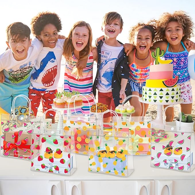 H1vojoxo Summer Fruit Gift Bags - 24PCS Strawberry Orange Watermelon Pineapple Clear PVC Gift Bags with Handles Reusable and Waterproof Mix Fruits Goodie Treat Tote Bag Summer Fruit Party Favor Bag