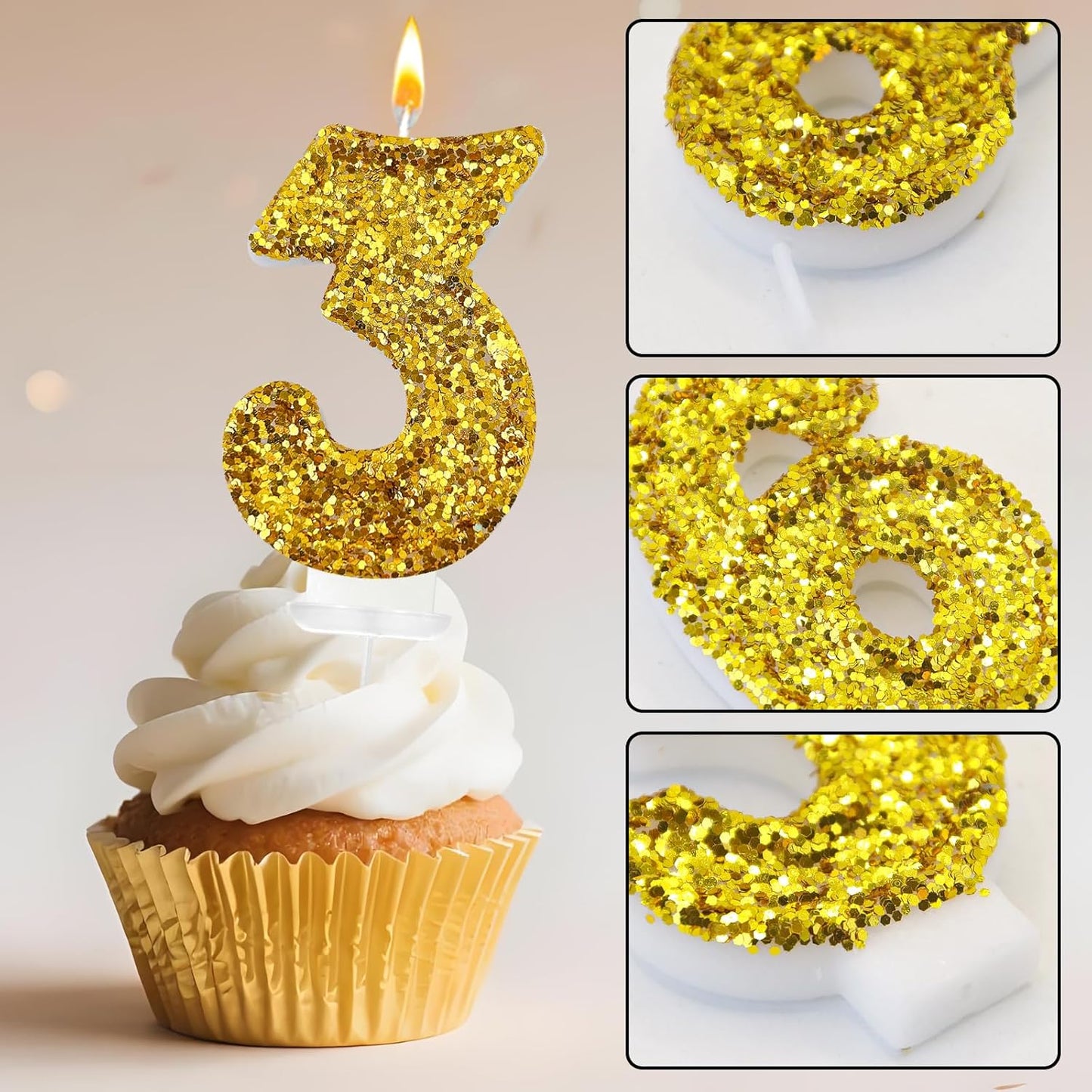 Birthday Number Candles, Glitter Number Candle Cake Decorations with Sequins, Cupcake Decorations for Girls, Women, Party Anniversary Celebrations (Number 3, Golden)
