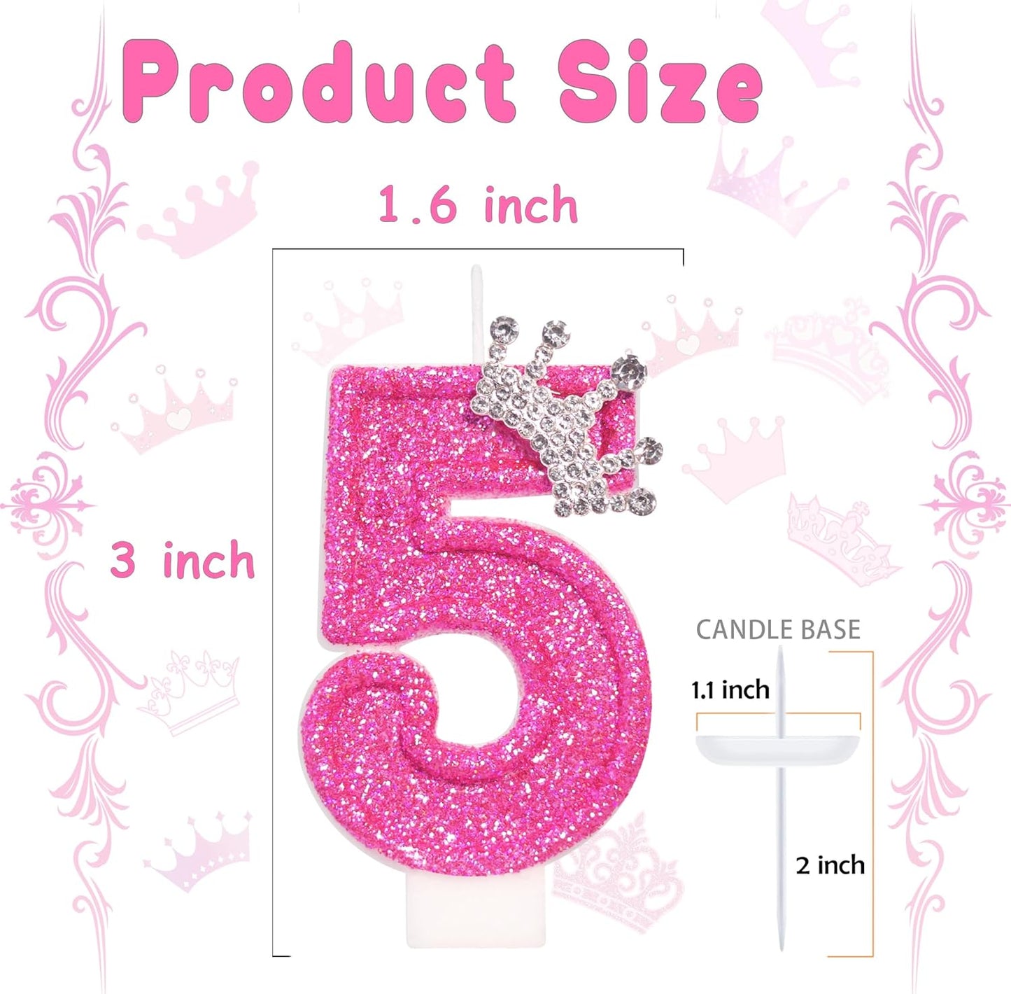 Number 5 Birthday Candle, Crown Rose Number Cake Candles, 3" Tall, Smokeless, Clean Burn, Unscented