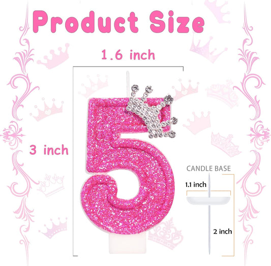 Number 5 Birthday Candle, Crown Rose Number Cake Candles, 3" Tall, Smokeless, Clean Burn, Unscented
