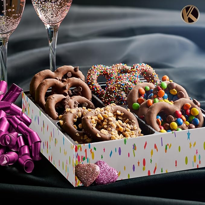 KREMERY Creamy Chocolate Cravings - Halloween Treats For Adults Chocolate Covered Pretzel Twists Gift Basket, in Brown Gift Box (12 Pretzels, Assorted Sweet Toppings) Holiday Xmas Christmas