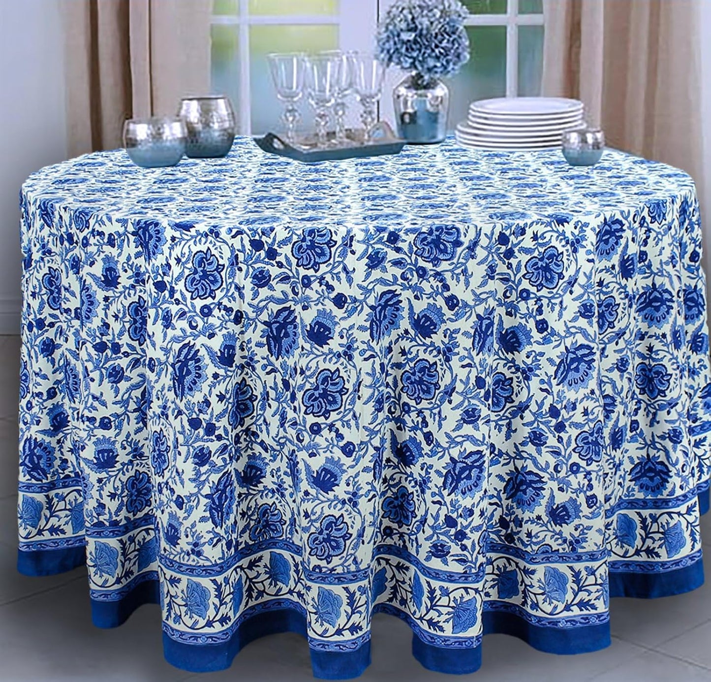 60 Inches Round Hand Block Printed Cotton Tablecloth, Blue White Floral Table Cloths Washable, Indian Table Linen for Dinning Home Decor Autumn Outdoor Thanksgiving 4 Seater