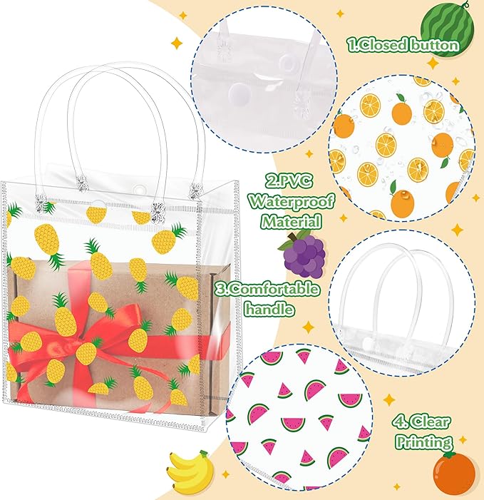 H1vojoxo Summer Fruit Gift Bags - 24PCS Strawberry Orange Watermelon Pineapple Clear PVC Gift Bags with Handles Reusable and Waterproof Mix Fruits Goodie Treat Tote Bag Summer Fruit Party Favor Bag