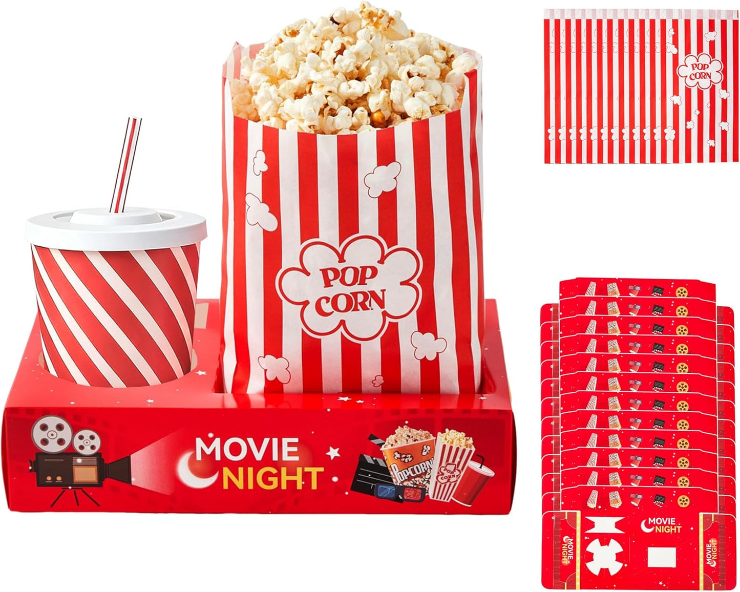 24Pcs Movie Night Supplies Disposable Paper Movie Snack Trays (12ct) and Retro Style Large Capacity Popcorn Bags(12ct), Drink & Candy Snack Boxes for Cinema Family Birthday Parties