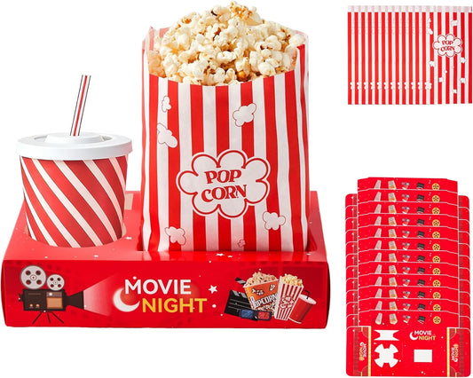 24Pcs Movie Night Supplies Disposable Paper Movie Snack Trays (12ct) and Retro Style Large Capacity Popcorn Bags(12ct), Drink & Candy Snack Boxes for Cinema Family Birthday Parties