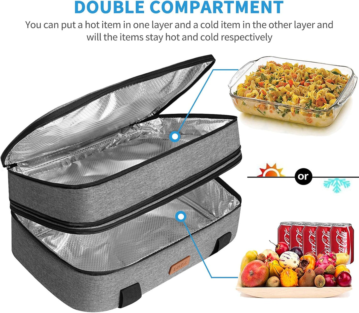 LHZK Insulated Casserole Carrier - Expandable Holder Tote for Hot or Cold Food, Fits 11 x 15 or 9 x 13 Baking Dishes - For Potlucks, Picnics, Beach (Grey)