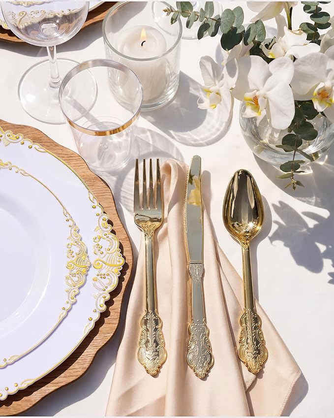 Nervure 100Pcs White and Gold Plastic Plates - 10.25Inch Gold Disposable Plates - Heavyweight Dinner Plate for Wedding & Party