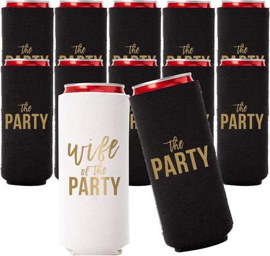 Wife of the Party and The Party Bachelorette Can Coolers - Set of 12, Perfect for Decorations and Bridesmaid Gifts (Black, Slim)