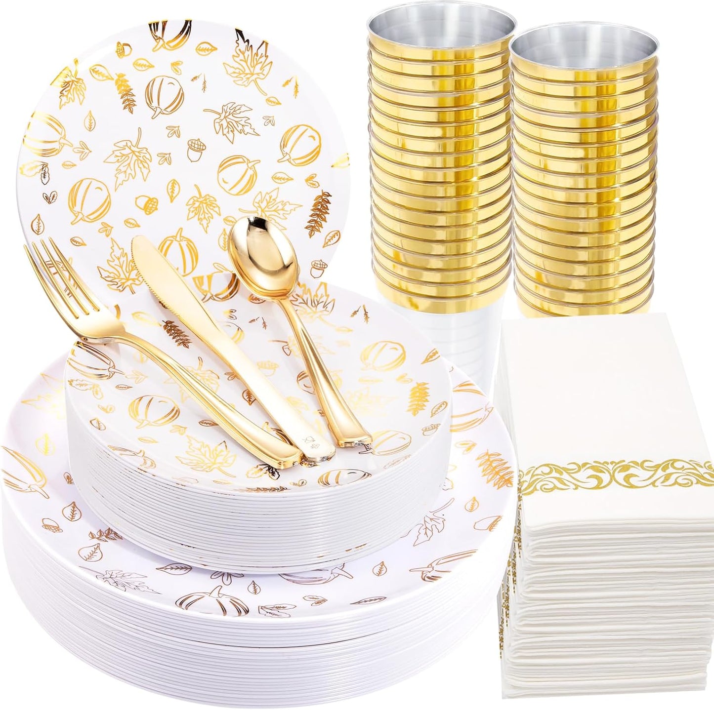 Supernal 175pcs Thanksgiving Plastic Dinnerware Set,Thanks Plates,Plastic Plates for Party,Gold Pattern Design,Gold Disposable Silverware,Disposable Cups and Napkins Perfect for Thanksgiving