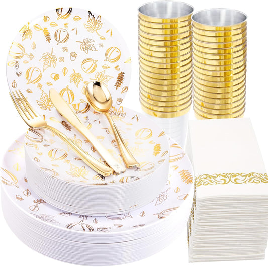 Supernal 175pcs Thanksgiving Plastic Dinnerware Set,Thanks Plates,Plastic Plates for Party,Gold Pattern Design,Gold Disposable Silverware,Disposable Cups and Napkins Perfect for Thanksgiving