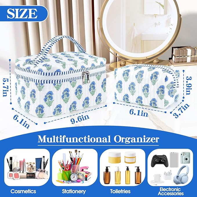 2 Pcs Quilted Makeup Bag Set, Floral Boho Toiletry Bag Travel Essentials Gifts for Women Girls, Cute Flower Cosmetic Organizer Pouch Make Up Bags for Travel Bachelorette Party Favors (Blue - White)