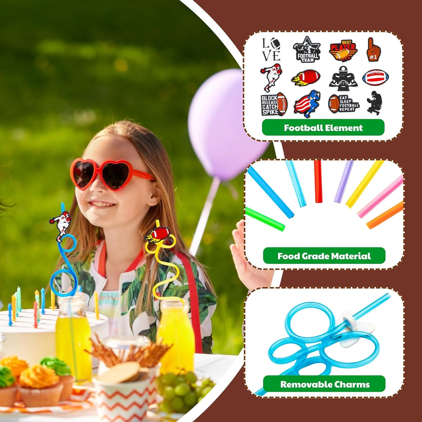 24 PCS Football Drinking Crazy Straws for Kids, Sport Themed Birthday Party Supplies Favors Decorations with 24 PVC Cute Charm, 2 Cleaning Brushes Reusable Straw