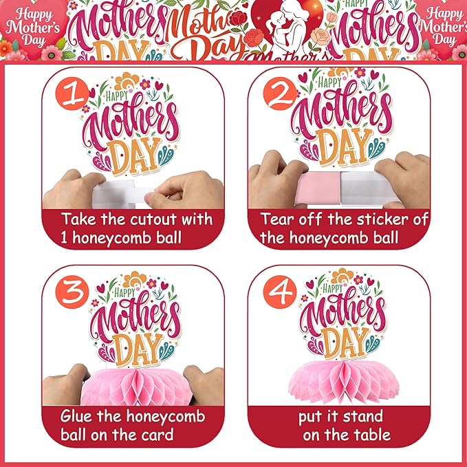 9 PCS Happy Mother's Day Honeycomb Centerpieces Love Heart Best Mom Table Centerpiece Love Mother Table Decorations for Women Mama Birthday Happy Mother's Day Party Centerpieces Decorations Supplies