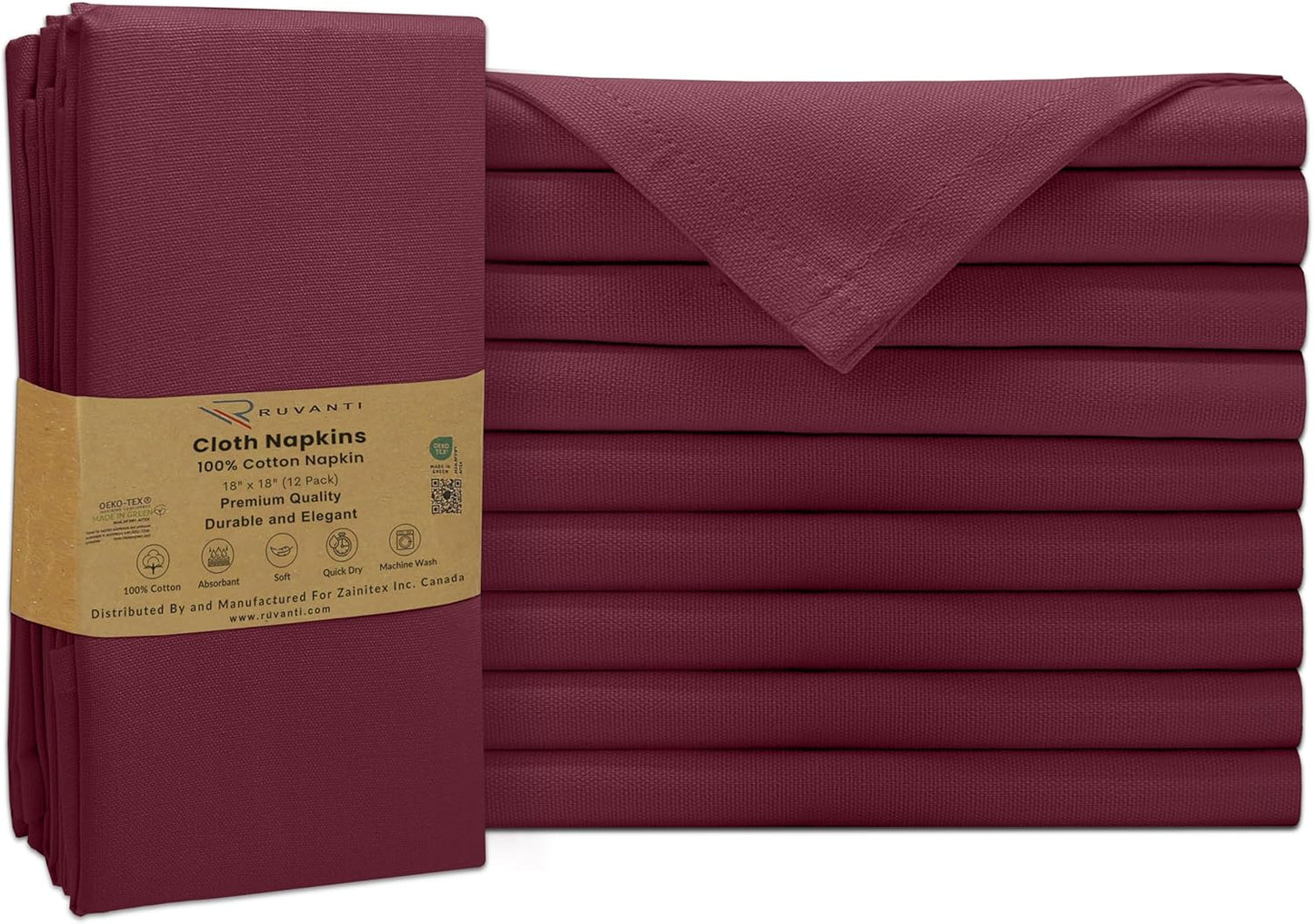 Ruvanti Premium Cloth Napkins Set of 12, 18x18 Inches, 100% Cotton, Washable, Soft & Absorbent, Perfect for Wedding, Christmas, Thanksgiving Dinners - Burgundy