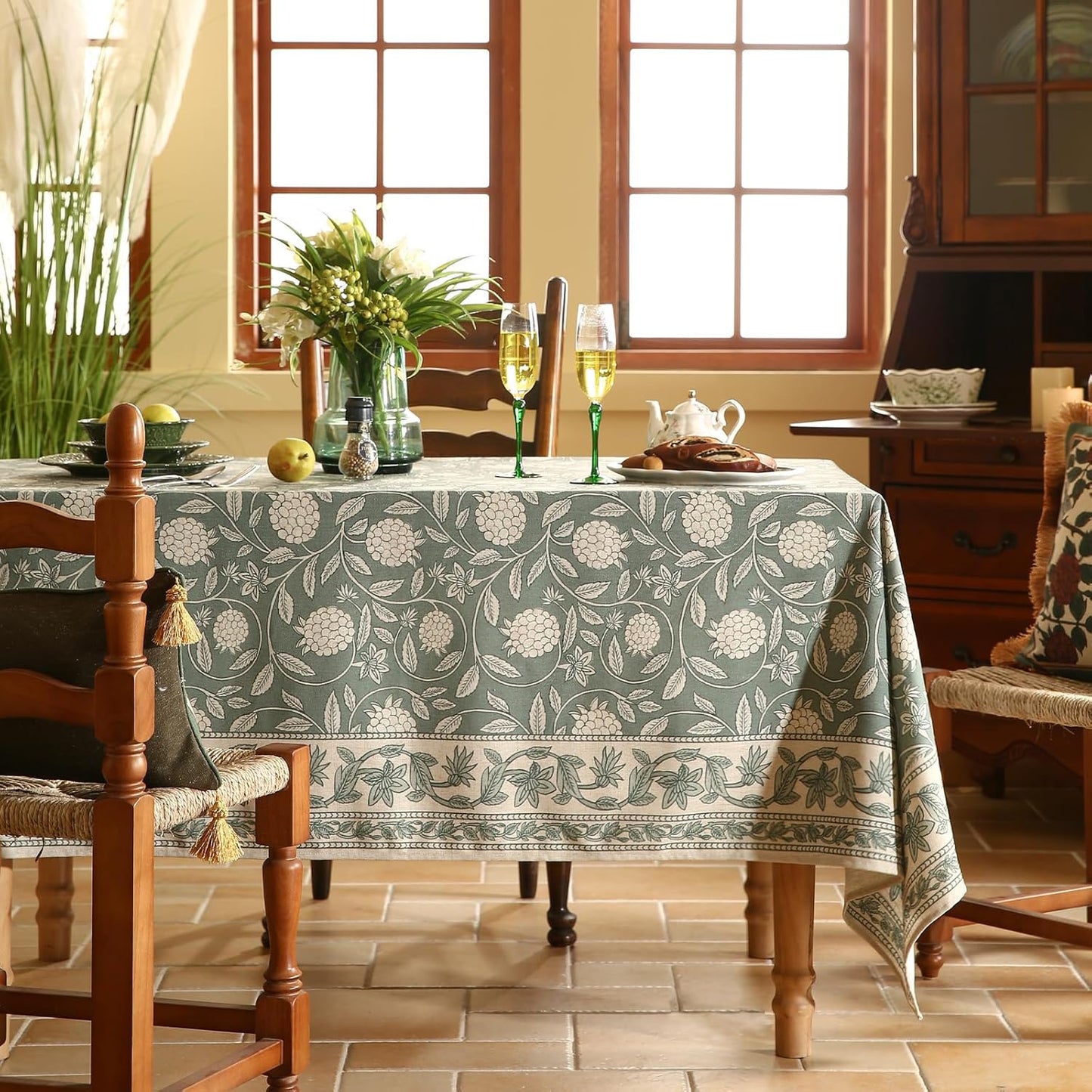ISAENNE Designer Grayish Green Linen Small Tablecloth Rectangular,Floral Stain Resistant Table Cloth,Fall Vintage Decor Tablecloths for Dining Thanksgiving Kitchen Party,55"*71"-Andrew A