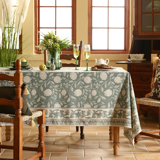 ISAENNE Designer Grayish Green Linen Table Cloth Rectangular,Floral Elegant Stain Resistant Tablecloth,Fall Vintage Decor Tablecloths for Dining Thanksgiving Kitchen Party,55"*87"-Andrew A
