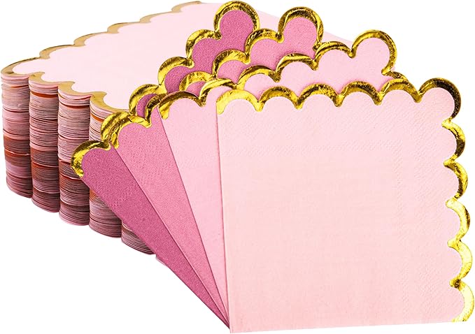 100 Pcs Pink Cocktail Napkins with Gold Foil Scalloped Edges 5 x 5 Inch Dessert Napkins Disposable Thick Paper for Wedding Dinner Birthday Party
