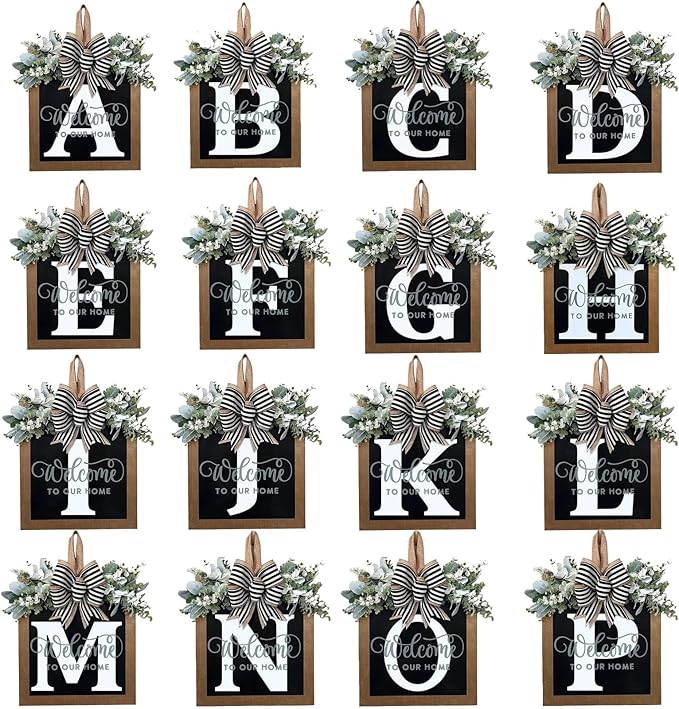 Last Name All Year Round Front Door Wreath with 26 Initial Letter Welcome Sign All Seasons Eucalyptus Garland and Bow ，Farmhouse, Porch, for Spring Summer Fall All Seasons Holiday Halloween Christmas. (M)