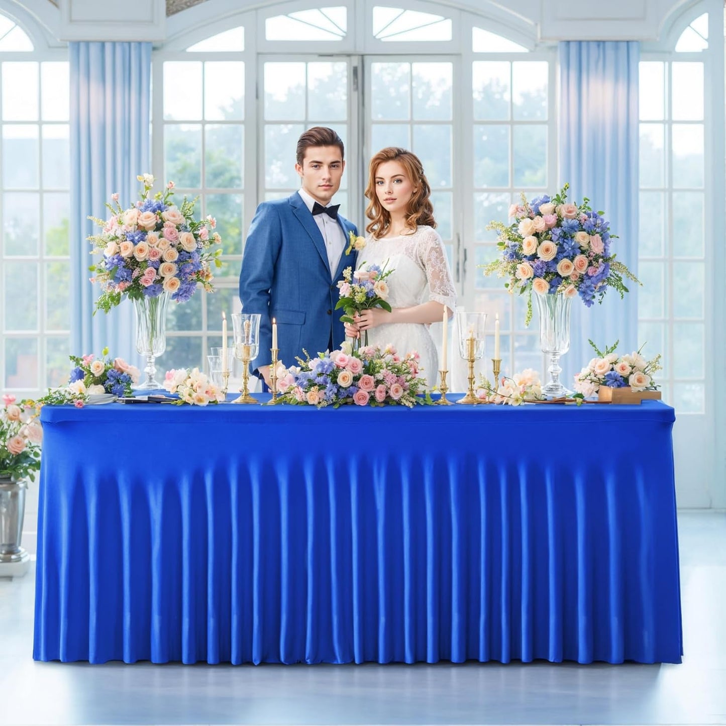 2 Pack Spandex Royal Blue Fitted Table Cloth for 8ft Rectangle Tables Blue Tablecloth Stretch Table Covers Banquet Wrinkle Free Tablecloths Skirt for Parties Wedding
