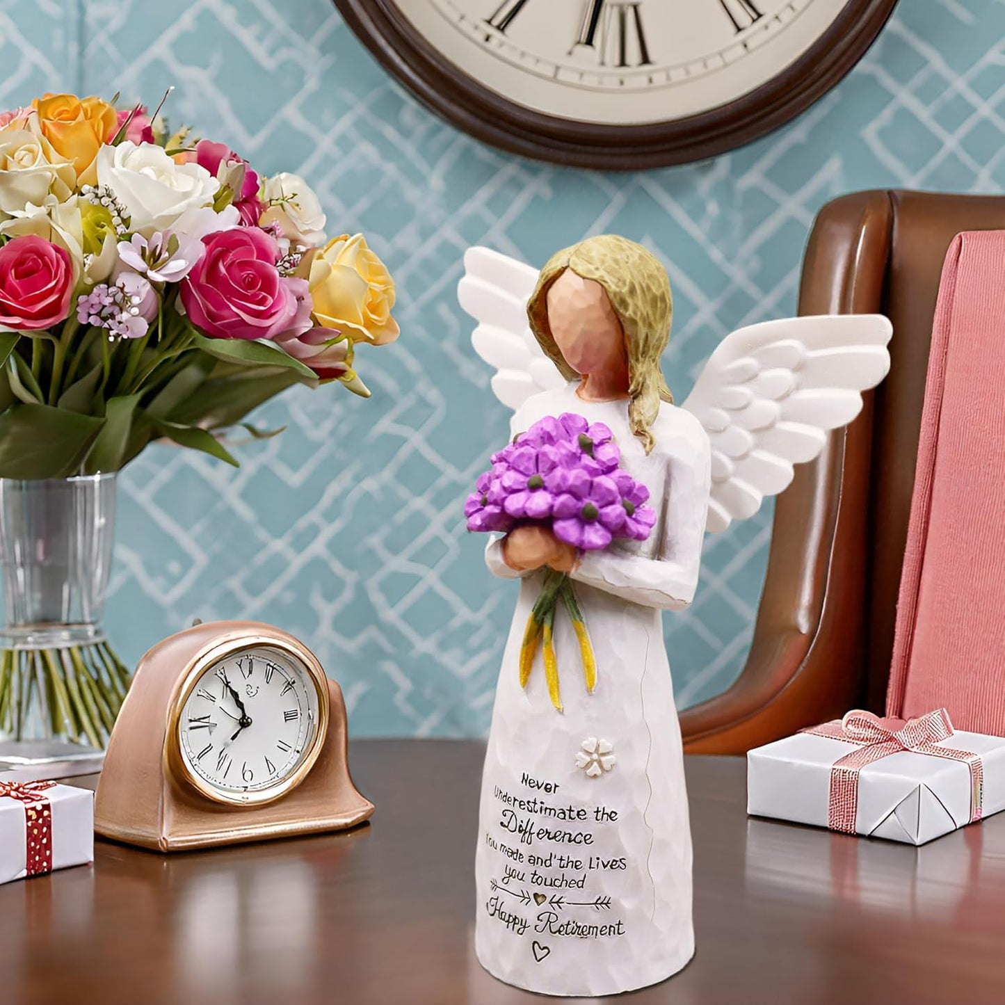AUKEST Retirement Gift for Woman - Retirement Gifts for Women, Retirement Party Decorations, Going Away Party Decorations, Retired Gifts for Women Coworkers - 5.1” Angel Figurine (Purple)