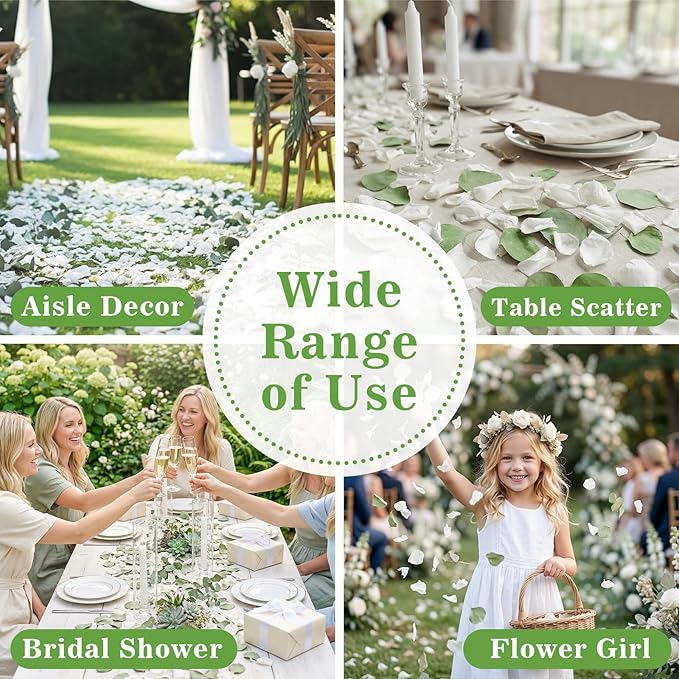 Eslibin 500+PCS Real White Rose Petals & Natural Eucalyptus Leaves, 4.23oz (120g) – Freeze Dried Flower Petals Confetti for Wedding Flower Girl Toss, Aisle Runner, Table Scatter, Bridal Shower Decor