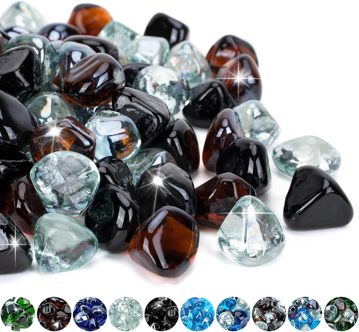 Mr. Fireglass 10 Pounds Blended Fire Glass Diamonds for Fireplace Fire Pit & Lanscaping - 1 inch High Luster Fire Rocks with Mixed Colors (Onyx Black + Crystal Ice + Amber)