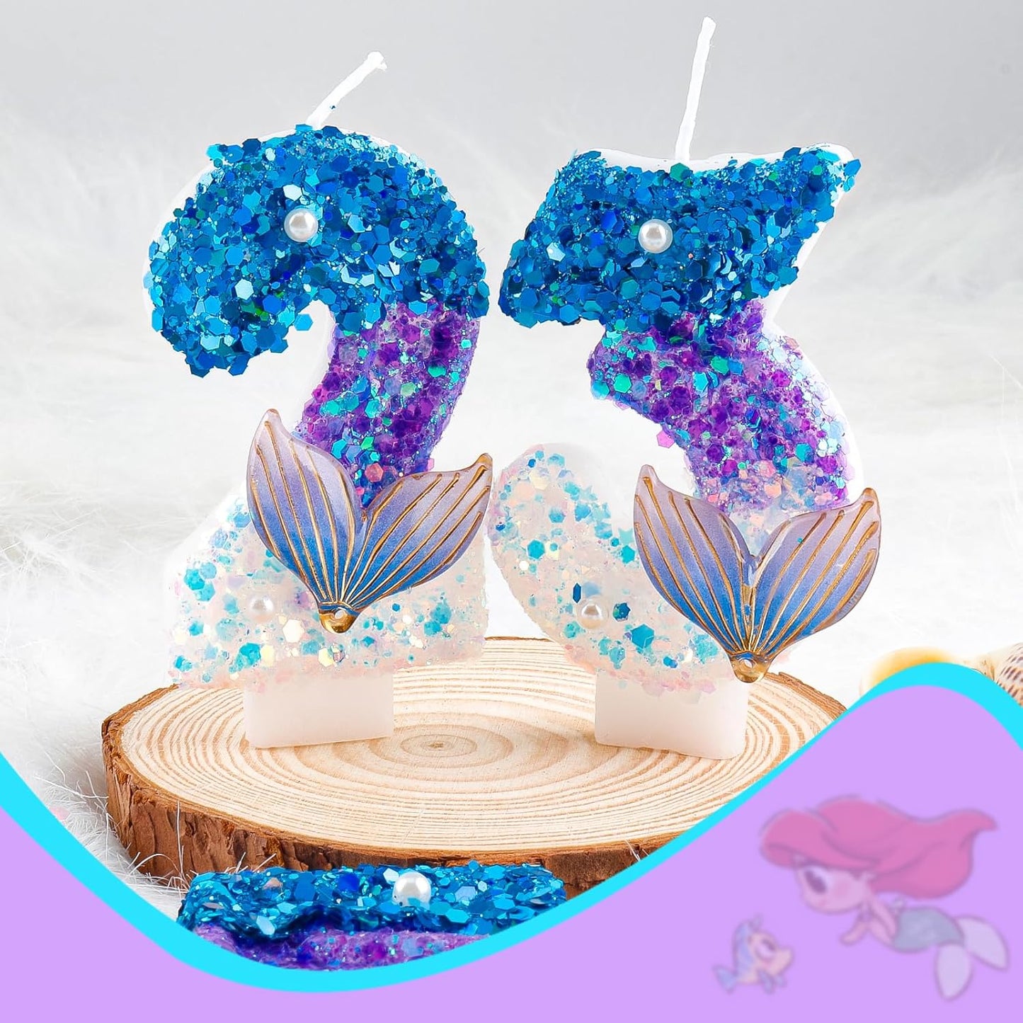 Girls Sparkler 2 Birthday Number Candles,Blue Purple Pearls Mermaid Tail Number Birthday Candles for Girls 2 Birthday Cakes Mermaid Themed Birthday Decorations Party Favors Number 2 Candle Cake Topper