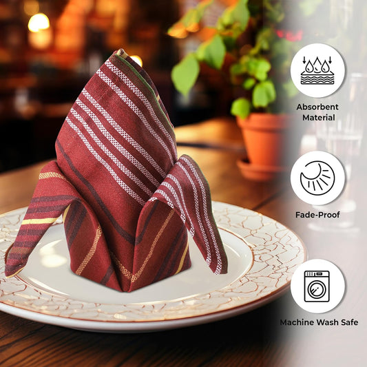 Urban Villa Fall ClothNapkins Stripes Print 100% Cotton Absorbent Dinner Napkins Set of 12 (20X20 Inches) Thanks Giving Napkins Soft Durable Washable Reusable Ideal for Everyday Use Wedding Parties