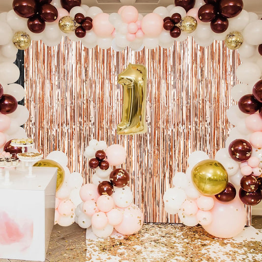 Accevo Rose Gold Foil Party Streamers 3Pack Metallic Tinsel Fringe Curtain 3.2ft x 8.2ft Streamer Curtains Anniversary Thanksgiving Christening Party Photo Booth Tinsel Curtain for Parties Decoration