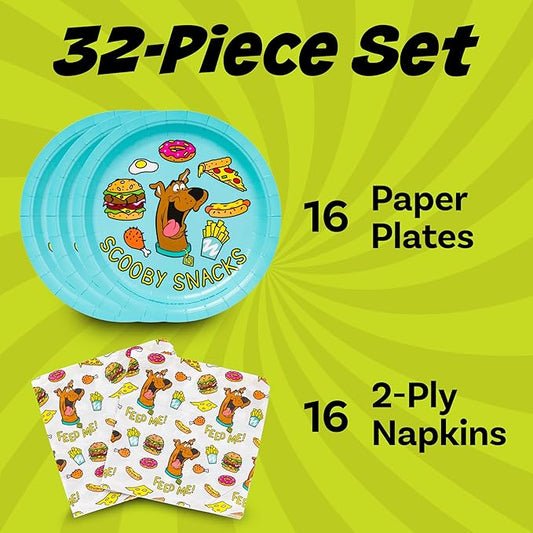 Silver Buffalo Scooby Doo Scooby Snacks 32 Pack Partyware Disposable Paper Plates and Napkins