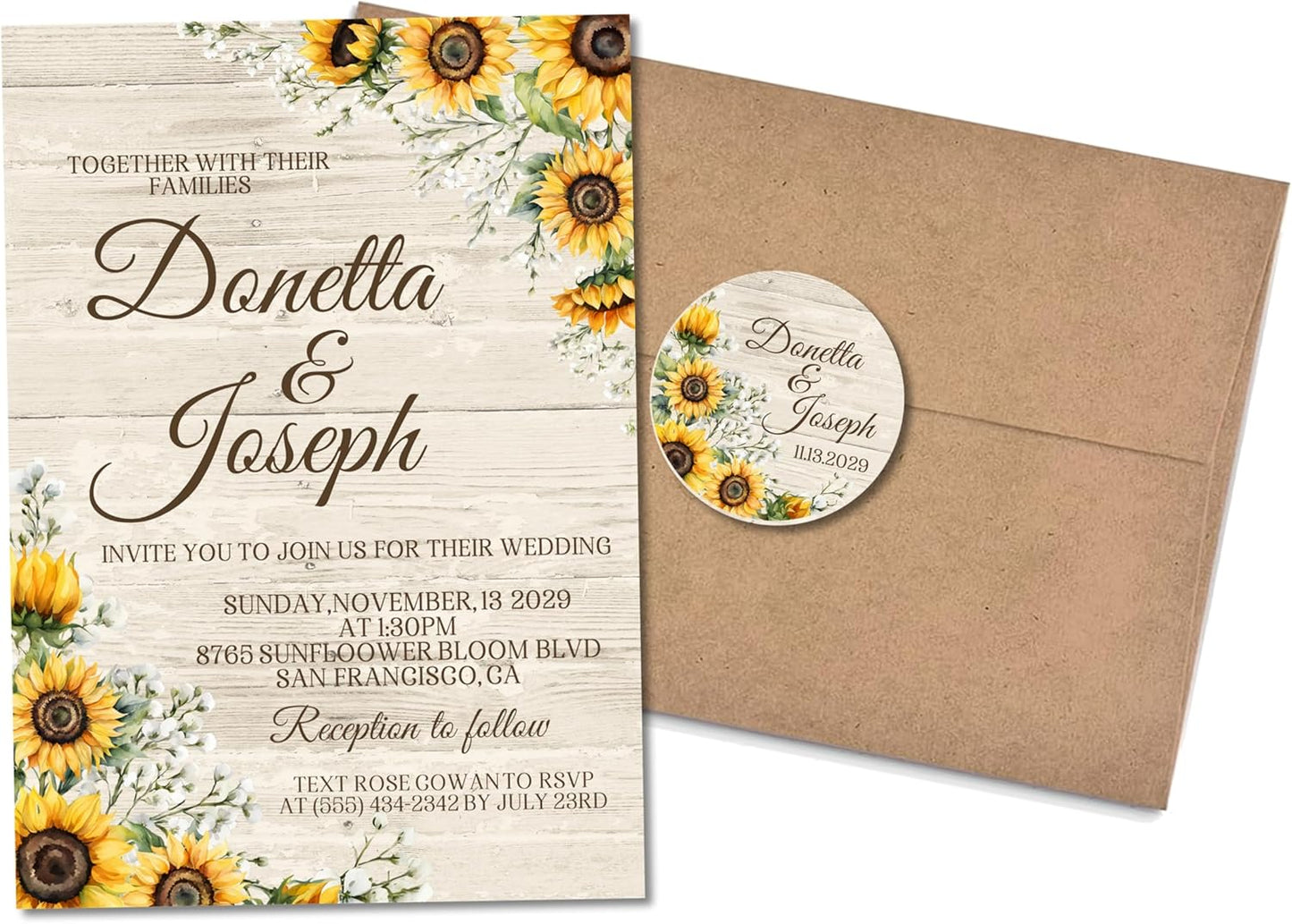 Sunflower Wedding Invitations, Rustic Farmhouse Floral, Personalized, Set of 12 Invitations with Envelopes