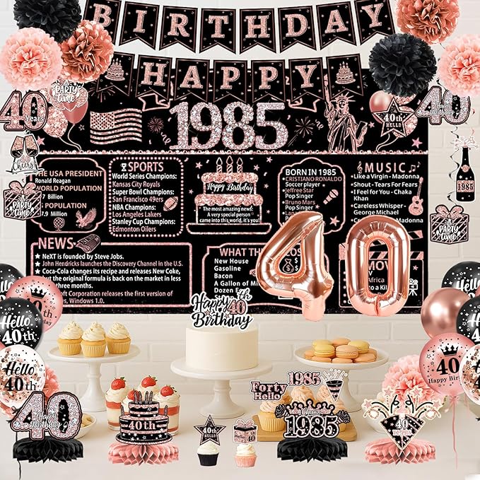 40th Birthday Decorations for Women – 59pcs Back in 1985 Party Supplies Backdrop, Banner, Honeycomb Centerpieces, Hanging Swirls, Foil & Latex Balloon, Cake & Cupcake Toppers, Sash, Pom Poms, Crown