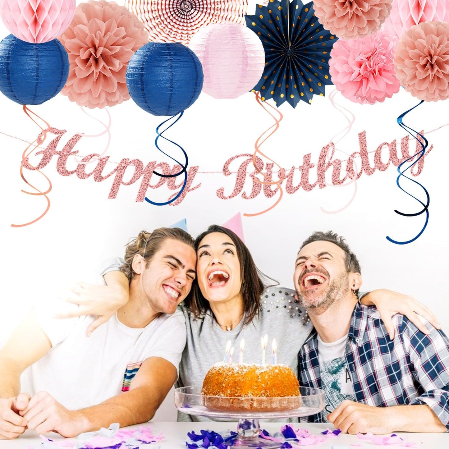 Pink Rose-Gold Navy-Blue Birthday Party-decorations - 21pcs Women Girl Happy Banner Garland, Paper Streamers Lanterns,Flower Tissue Pom Poms Fan Supplies, Princess Wall Backdrop Decor Huglony