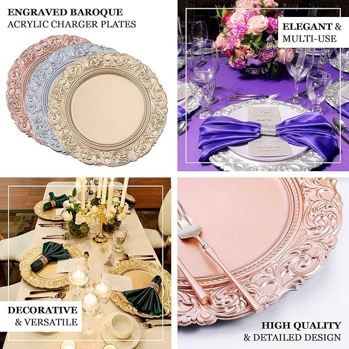 Efavormart Set of 6 | Taupe Green 14" Round Plastic Charger Plates With Engraved Baroque Design Rim For Wedding Party Events