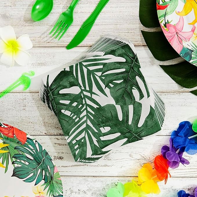 BLUE PANDA Tropical Napkins Palm Leaf Design - 6.5 x 6.5 in Folded, 150 Count, 2-Ply, Green & White - Tropical Leaf Cocktail & Tiki Napkins for Luau & Jungle Themed Parties
